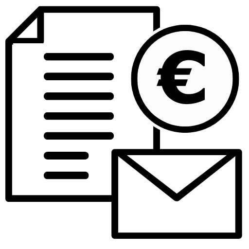 Kuvassa asiakirja, kirjekuori ja euro -symboli.